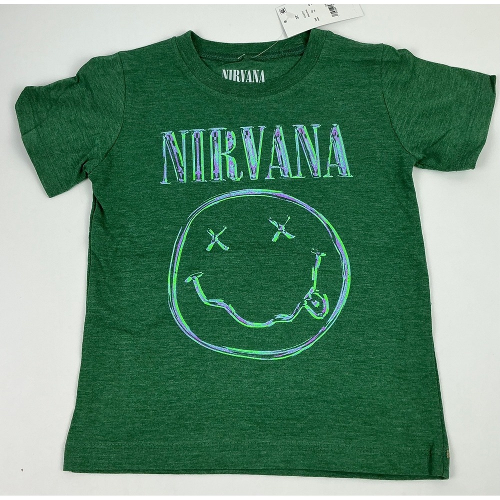Kids Nirvana Smiley Face T Shirt Green Short Sleeve Size 3T